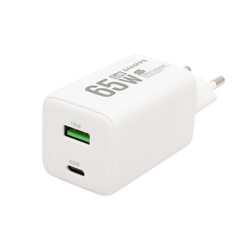 HOME SA65PPS USB hálózati szupergyors töltő, 65Watt, 2in1: USB-A + USB-C aljzat, QC + PD + PPS gyorstöltés, GaN technológia