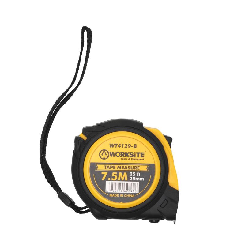 WORKSITE WT4129-B professzionális mérőszalag, 7.5m hosszú, 25mm széles, két féle reteszelés, övcsipesz, gumírozott
