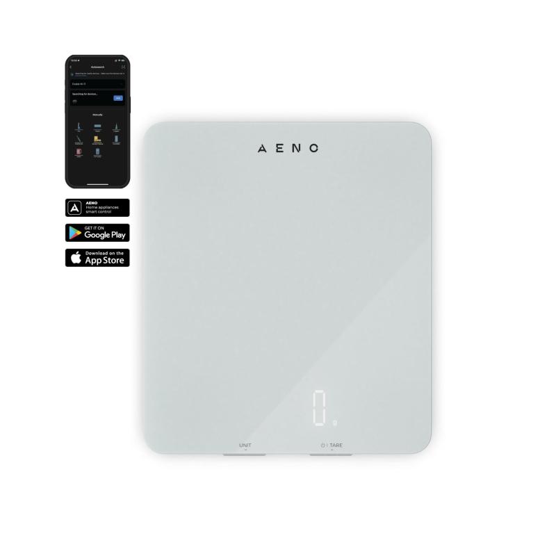 AENO AKS0001S KS1S intelligens konyhai mérleg, max. 8 kg kapacitás, LED kijelző, Bluetooth csatlakozás, edzett üvegfelület