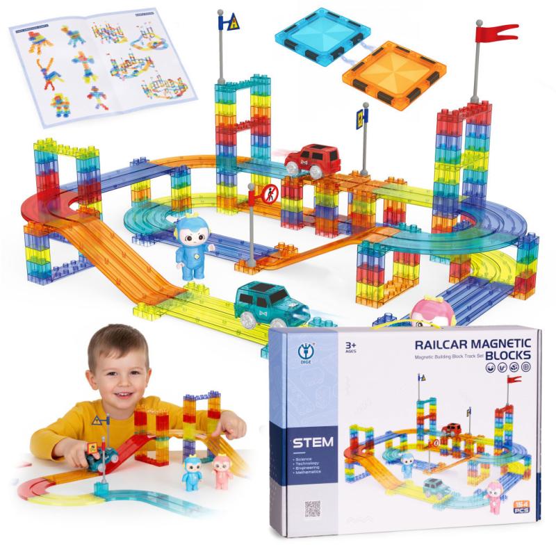 Autóversenypálya mágneses építőjáték szett LED-es autókkal 154 db