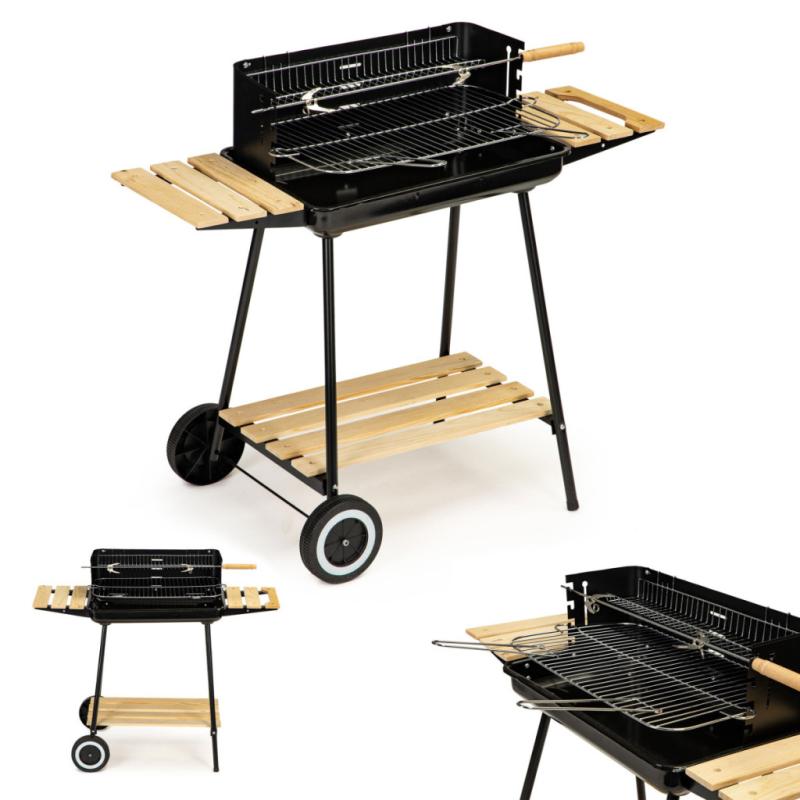 Téglalap alakú görgős faszenes grill állítható ráccsal