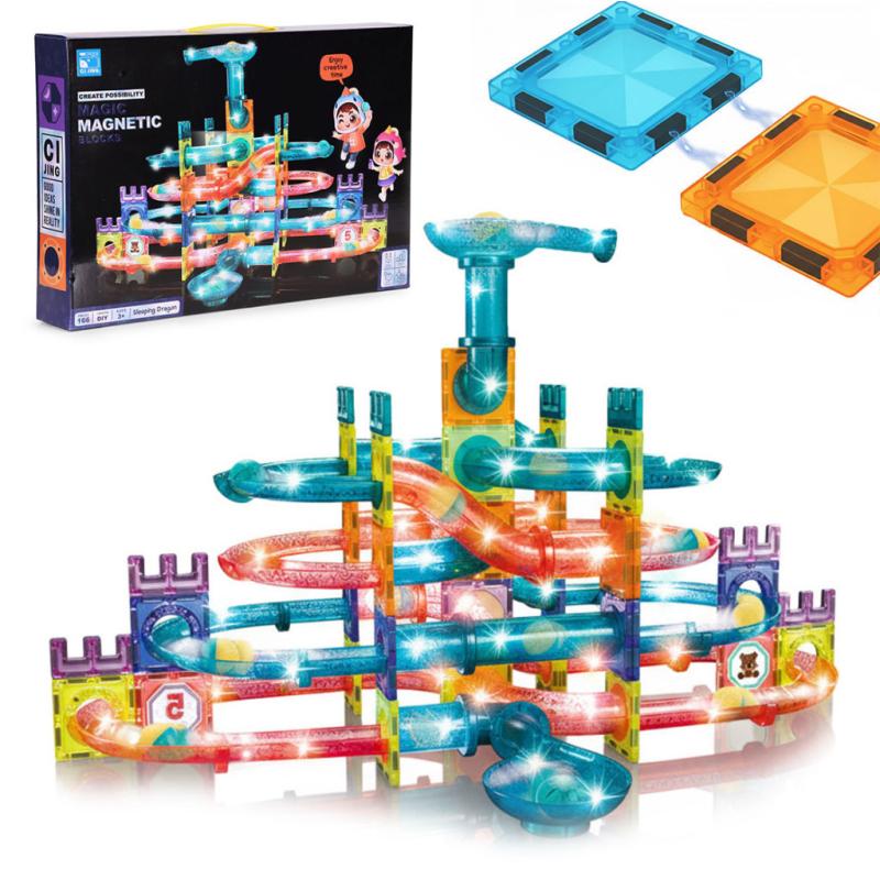 Mágneses világító golyópályaépítő játék szett 166 db kreatív építőelemmel