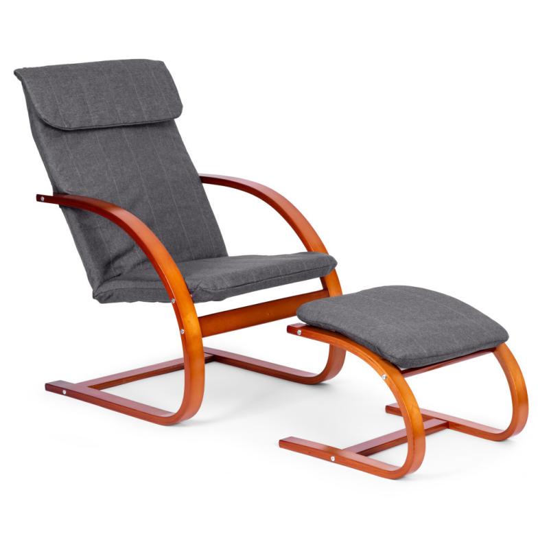 Finn hintaszék fa vázzal, lábtartóval mogyoróbarna - szürke