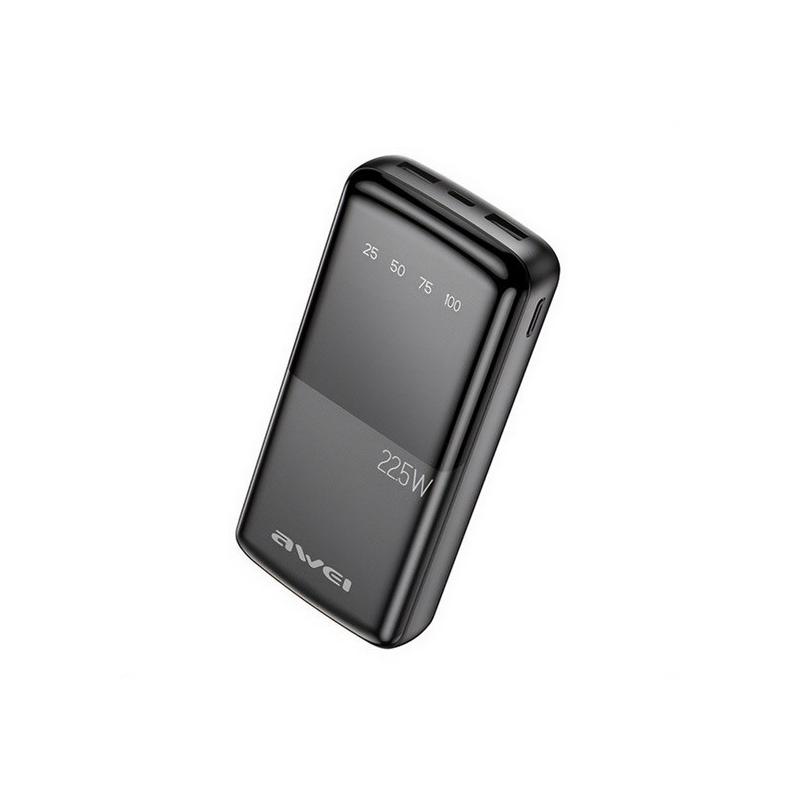 AWEI P13K vésztöltő 2 USB+Type-C aljzat (20000mAh, 22.5W, PD gyorstöltő, LED kijelző) FEKETE