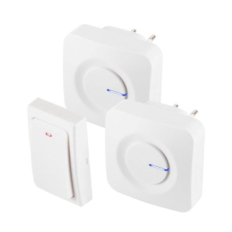 HOME DBKS1001AC vezeték és elem nélküli csengő készlet, 1x nyomógomb + 2x csengő, 100m hatótáv, 36 dallam, szabályozható hangerő, IP44, fényjelzés, kinetikus nyomógomb