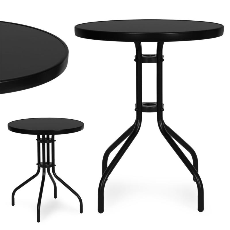 Kerek fémvázas kerti asztal 60 cm edzett üveg, fekete