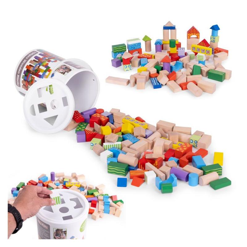 Fa építőkocka formaillesztő vödörrel 100 darabos készlet